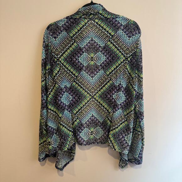 Chico's Green Multicolor Geometric Mesh Cardigan Open Front Long Sleeve Sz 2/L - Picture 5 of 5